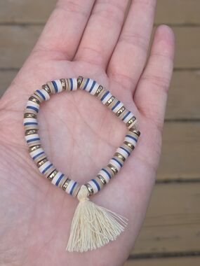 Handmade Blue and Cream Beaded Tassel Bracelet - Women